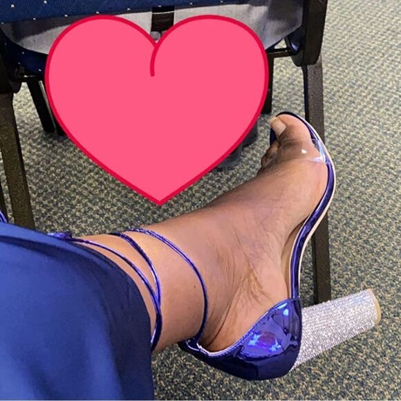 Blue High Heels Sandals with Rhinestone Block Heel & Strappy Adjustable Ankle - Picture 7 of 8
